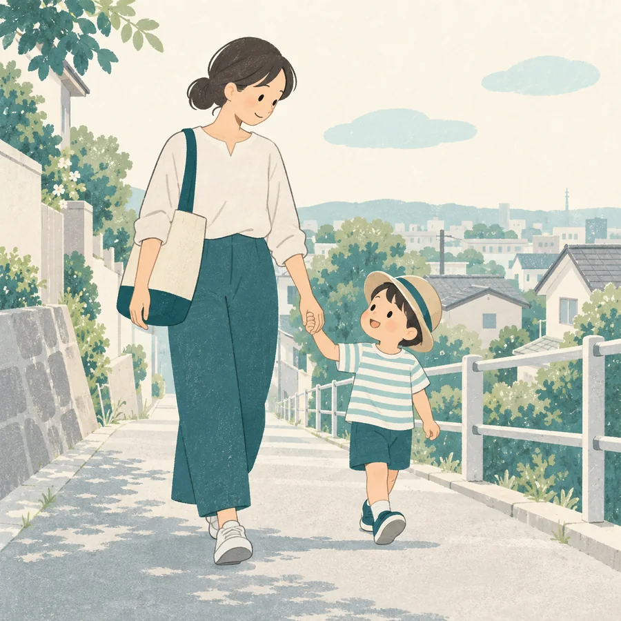 坂道を歩く親子を描いたイラスト