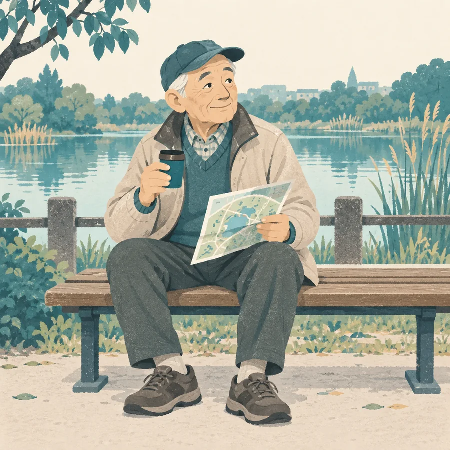 池のほとりに座る年配の常連を描いたイラスト