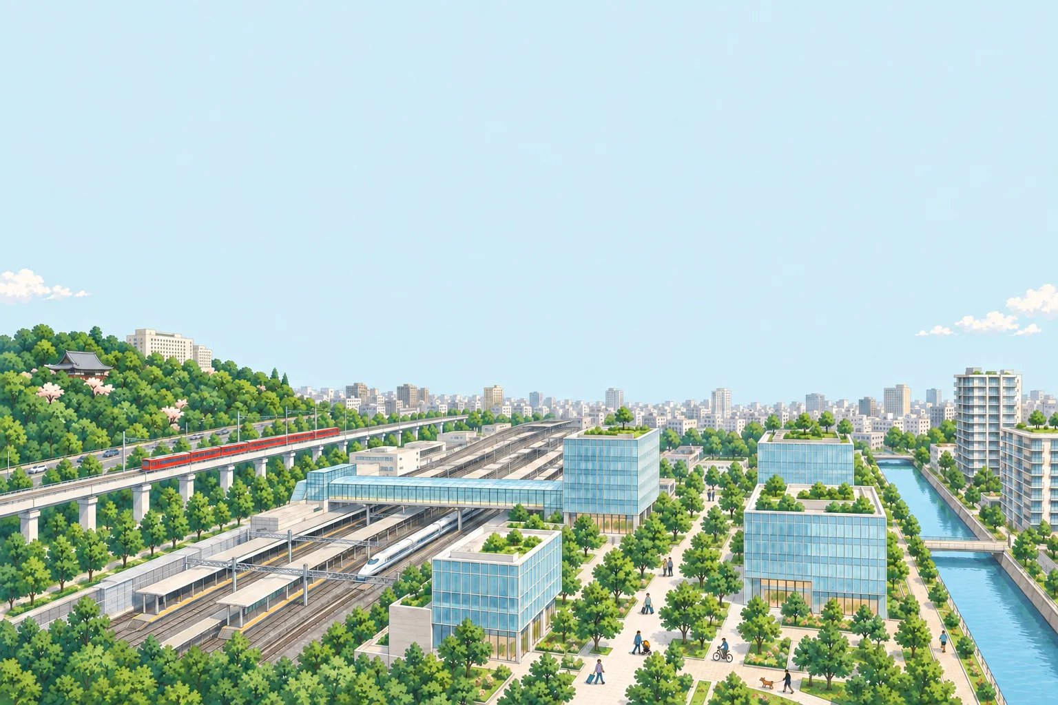 線路の西に高輪口と京急の駅、東に港南口の高層ビルと品川セントラルガーデン、その先に高浜運河が流れる品川の俯瞰イラスト
