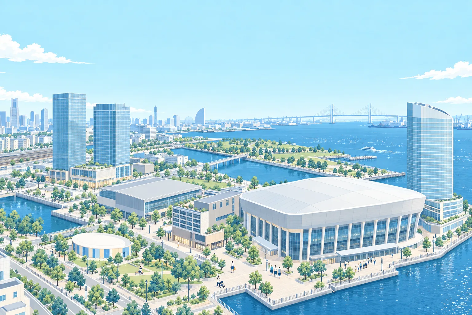 Kアリーナ横浜と水際の公園、運河、遠くにベイブリッジが見える新高島の俯瞰イラスト